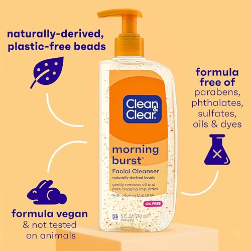 Clean & Clear Morning Burst Oil-Free Facial Cleanser with Vitamin C & BHA, Daily Nourishing Face Wash Gently Cleanses to Remove Oil & Pore Clogging Impurities, 8 fl. oz