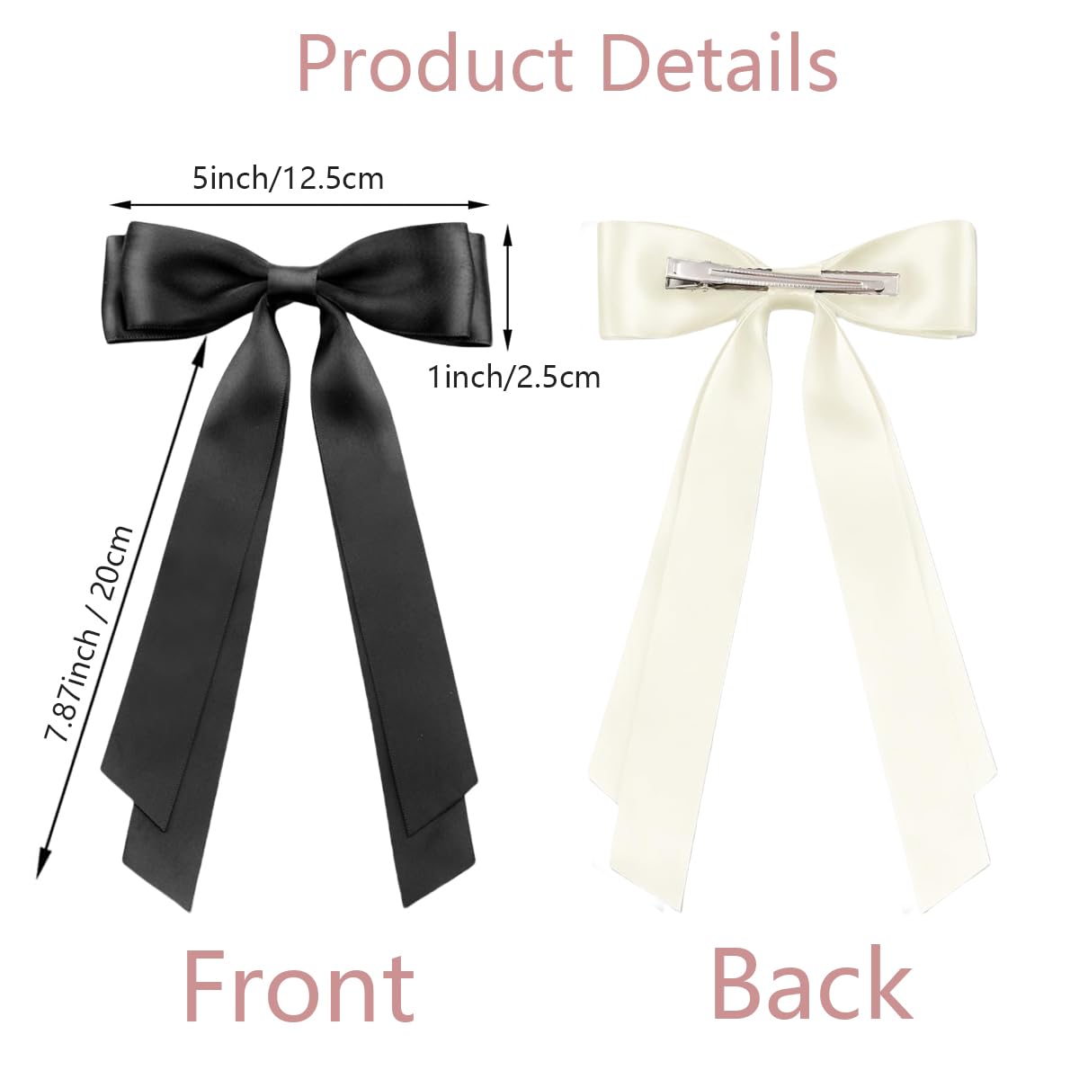 Hair Bow Clips 4 Pcs, Women Silky Satin Hair Bowknot Clips Hairclips Double Ribbon Tassel Ponytail Holder Accessories, Hair Bow Barrettes Clips for Girls Toddlers Teens Kids Gifts, Black+Beige