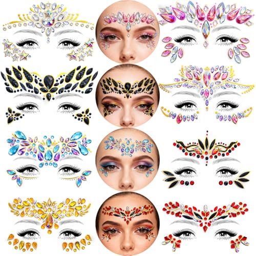 Mermaid Face Jewels Stick On - 8 Sets Self-Adhesive Festival Gems