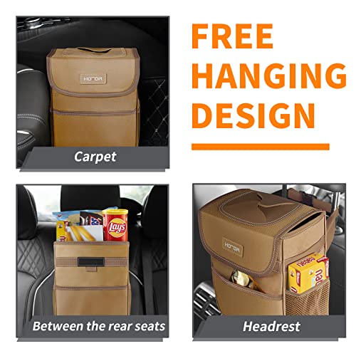 HOTOR Car Trash Can with Lid, Brown, 2 Gallon Capacity, Waterproof and Leak-Proof Design, Magnetic Snaps for Easy Replacement of Trash Bags