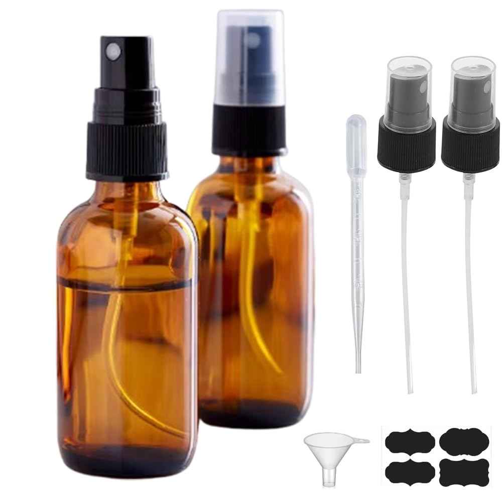YUNFOOK 2oz Amber Glass Spray Bottles for Essential Oils, Hair, Skincare, Cleaning & Travel,2-Pack Small Empty Spray Bottle