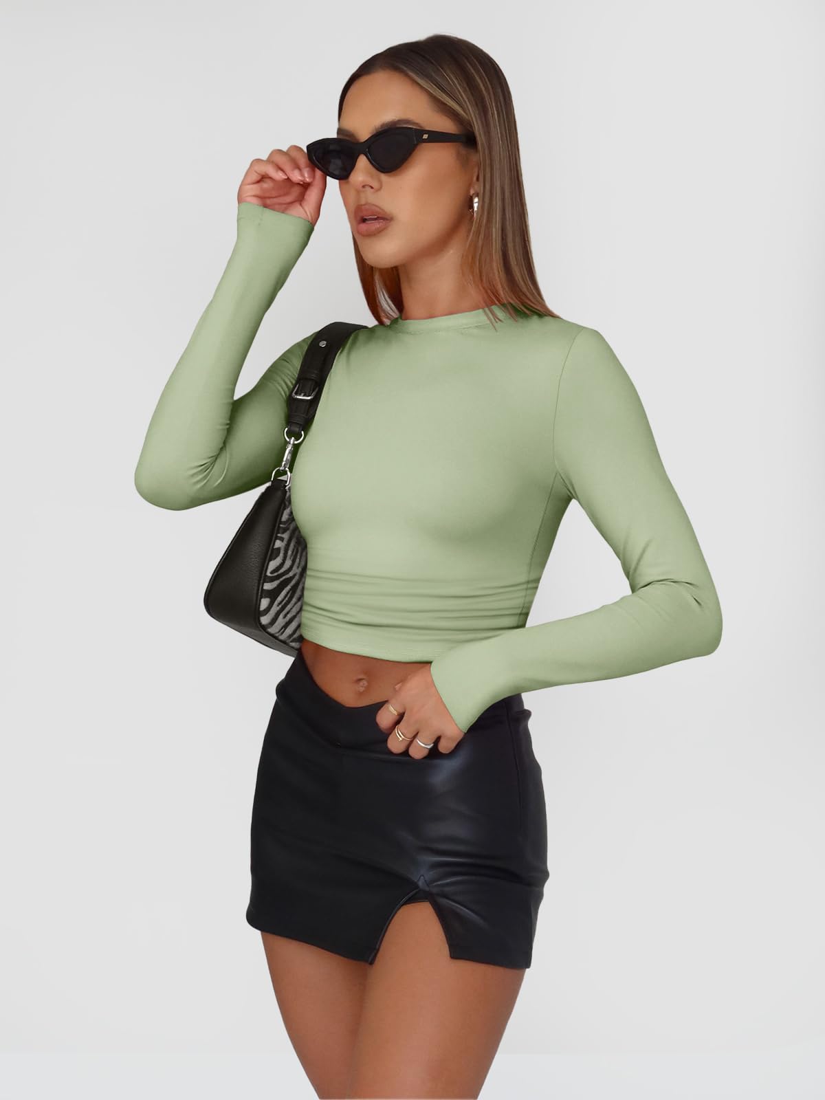 Trendy Queen Womens Long Sleeve Shirts Basic Spring Crop Tops Tees Tight Slim Fit Cute Going Out Outfits Teen Girls Fall Winter Y2k Clothes 2024 Light Green XS