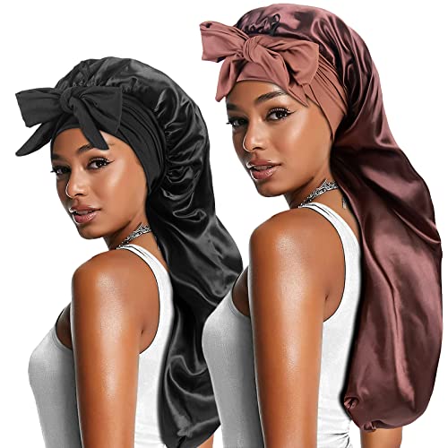 2-Pack Large Satin Sleep Bonnet with Tie Band for Braids & Locs