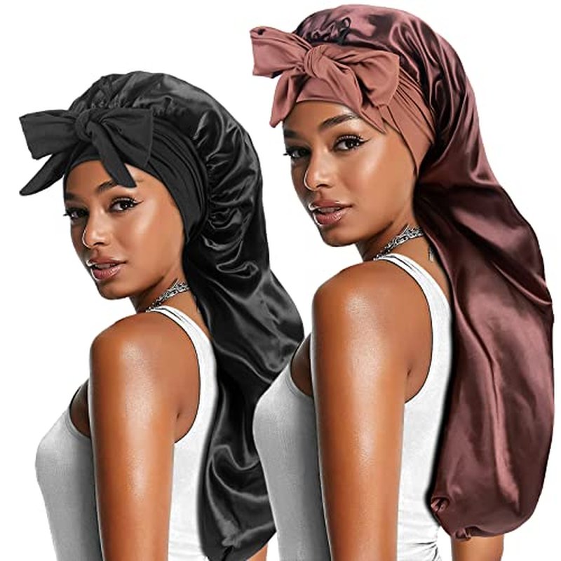 2-Pack Large Satin Sleep Bonnet with Tie Band for Braids & Locs