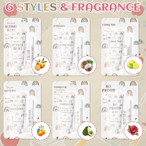 Loopeer 48 Set/ 96 Pcs Teacher Appreciation Gift Bulk Boho Rainbow Lip Balm Hand Cream Lotion Set Small Thank You Gifts Party Favors for Women Employee Coworker Staff Galentine's Day