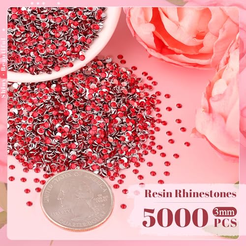 5000 Pcs Red 3mm Flatback Resin Rhinestones Bulk Set with Pickup Pen & Tweezers