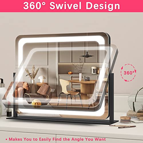 ROLOVE 22x17 Inch Lighted Vanity Mirror with Dimmable LED Lights - 3 Color Modes, Smart Touch Control & 360¡Æ Rotating Base - Desk Makeup Mirror (Black)