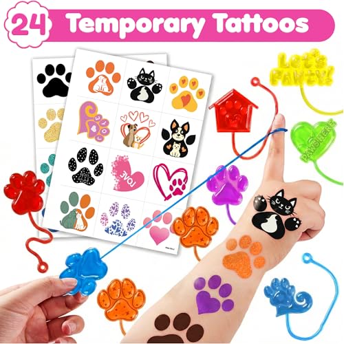 48PCS Paw Party Favors - 24PCS Temporary Tattoos & 24PCS Stick Hands - Perfect Birthday Party Supplies, Goodie Bag Stuffers, Treasure Box Toys, Classroom Prizes, and Student Gifts