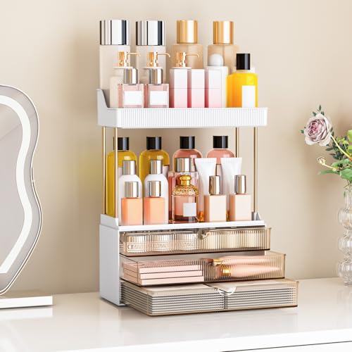 Bathroom Organizers and Storage - 3 Drawers 2 Tier Makeup Organizer, Cosmetic Storage Drawer for Dresser Countertop and Bathroom Vanity for Large Skincare, Perfume, Amber