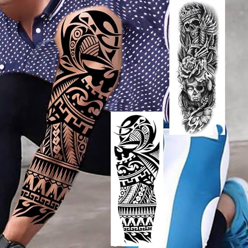 EGMBGM 20 Sheets Black Tribal Wolf Tiger Lion Temporary Tattoo Sleeve For Men Adults, 3D Halloween Prison Gothic Maori Sleeve Tattoos For Women, Fake Full Arm Sleeve Tattoo Stickers Skull Skeleton