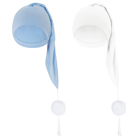 cnomg 2pcs Men's Night Sleeping Cap Adjustable Pajama Cap with Pom Ball and Tassel Women Daily Use (US, Alpha, Medium, White, lighht Blue)