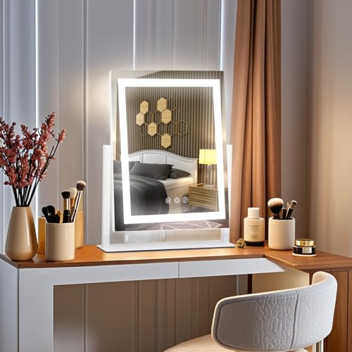 LED Vanity Mirror with Lights, Makeup Mirror with 3 Color Modes, Smart Touch Control, 360¡Æ Rotation for Desk,13.2" L x 11.2" W