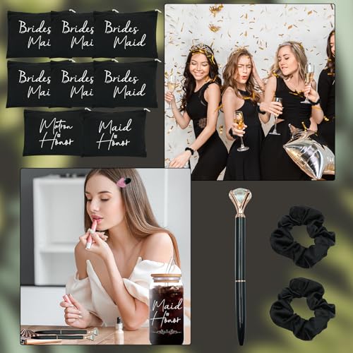 56 pcs Bridesmaid gifts bridesmaid proposal gifts, Maid of Honor Gifts contain 16oz Glass Cups Cosmetic Makeup Bags Invited Cards Scrunchies Hair Knotted Bracelets Diamond Pens love clip (Black)