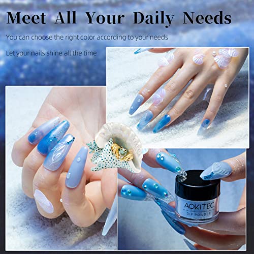 Aokitec 8 Colors Dip Powder Nail Set,Navy Sky Baby Blue Collection Glitter Pastel Dipping Powder Starter Kit French Nail Art Manicure DIY Salon Home Gifts for Women, No Need Nail Lamp Cured