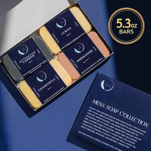 Mens Bar Soap Pack of 4 - Sandalwood, Lemon, Activated Carbon & Chamomile Scented Natural Soap for Men - 5.3oz Bar - Exfoliating Soaps for Men Body, Hand, Face - Male Soaps Gift Set