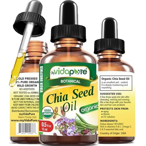 MYVIDAPURE Organic CHIA SEED OIL Certified Organic 100% Natural Pure VIRGIN UNREFINED Undiluted Cold Pressed Carrier Oil for Face Skin Body Hair Lip Nails Anti-Aging Rich in Vitamin E (0.5 Fl Oz)
