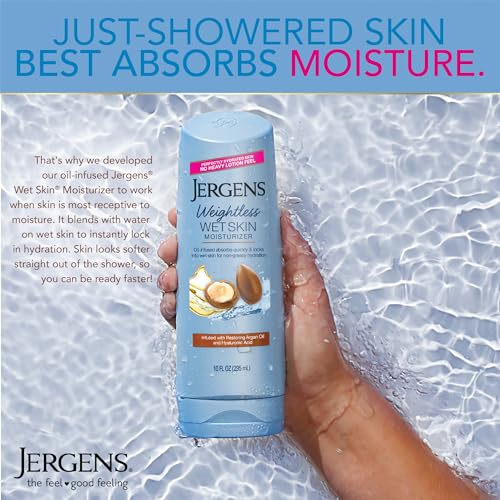 Jergens Wet Skin Body Moisturizer with Restoring Argan Oil, 4X Healthier Looking Skin, Fast-Absorbing, Non-Greasy, Dermatologist Tested, 10 Oz, Pack of 4
