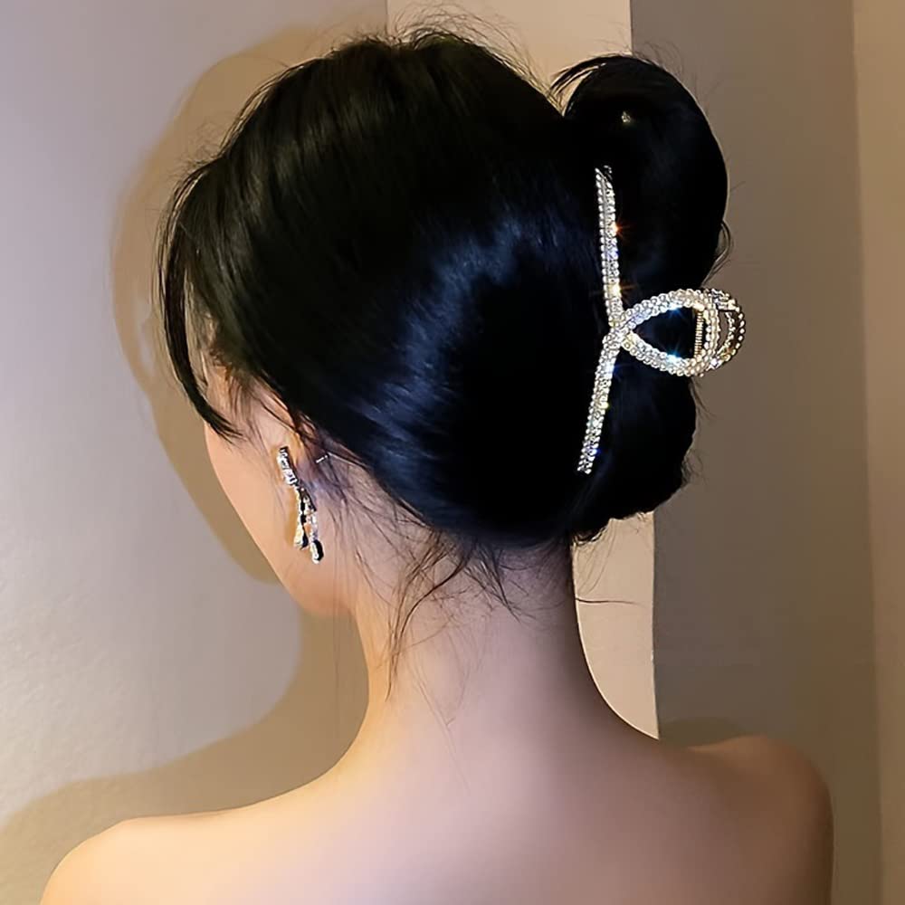 White and Gold Pearl Metal Rhinestone Hair Claw Clips - Large Non-slip Luxury Jaw Clamp Barrettes for Strong Hold and Hair Styling, 1 Pcs for Thick/Thin Hair