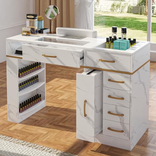 Manicure Table with Electric Dust Collector & Glass Top
