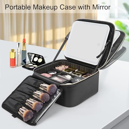 Travel Makeup Bag with LED Mirror & Brush Storage