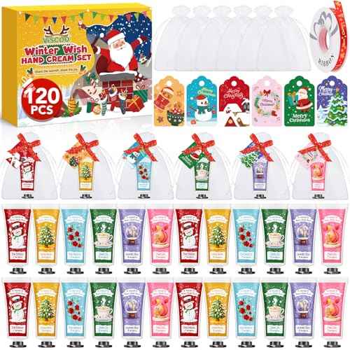 120 Sets Christmas Hand Cream Gift Set for Women, Hand Lotion In Bulk for Dry Cracked Hands Travel Size,Christmas Gifts with Cards and Organza Gift Bags, Stocking Stuffers for Women Teen Girls