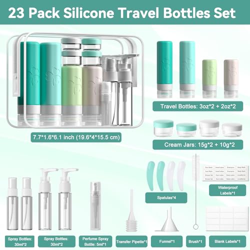 INSFIT Green Travel Bottles 23 Pack TSA Approved Leak-Proof Toiletry Set