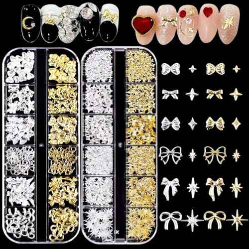 150PCS Gold Bow Nail Charm 3D Silver Nail Bows 12 Styles Mini Alloy Bowknot Diamonds Butterfly Gems Christmas Wedding Prom Crystal Rhinestones Decoration for Women Girls Crafts DIY 4