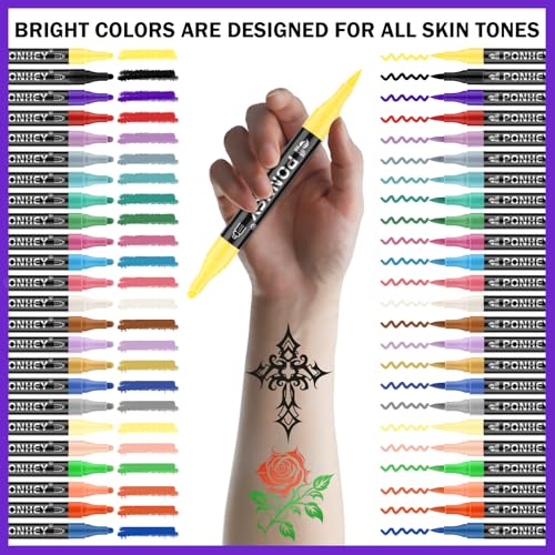 Ponhey Temporary Tattoo Markers for Skin, 24 Body Markers+67 Large Tattoo Stencils,Dual-End Tattoo Pens,Fine Lines with Cosmetic-Grade,Flexible, Skin-Safe Face Paint Kit for Teenage Adults