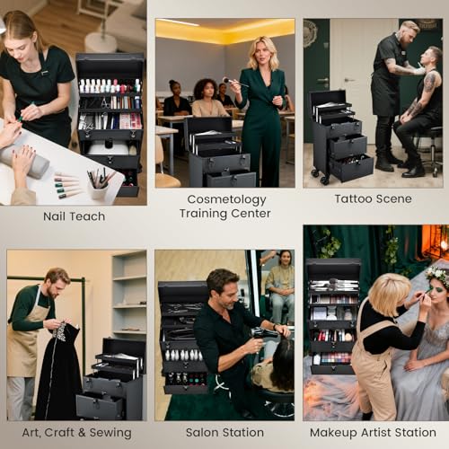 Rolling Makeup Train Case with 2 Drawers & Lockable Trays