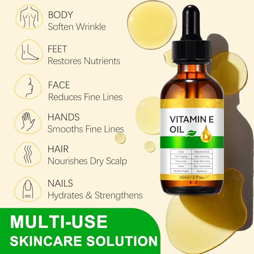 Vitamin E Oil, 100% Pure Natural Vitamin E for Skin, Hair, Nails & Scars, Body, for Moisturizing Dry Skin, Skincare, Cold Pressed, Hexane Free, Non-GMO, 2 Fl Oz