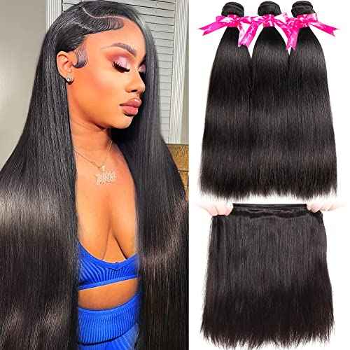 Subella Brazilian Straight Hair 3 Bundles Grade 10A Virgin Unprocessed Brazilian Straight Human Hair Weave Bundles Natural Black Color (14 16 16inch)