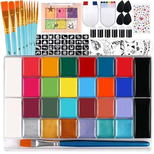 28-Color Face Paint Kit with Brushes, Stencils & Sponges