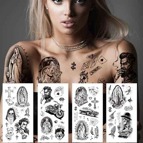 12 Sheets Large Chicano Temporary Tattoos, Cholo and Chola Temporary Tattoos, Chicana Guadalupe Gangster Fake Tattoos Day of the Dead, D?a de Muertos, Tatuajes Temporales, Halloween Mexico Tattoos