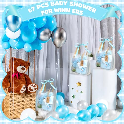 Baby Shower Prizes for Winners Gifts Headband Hair Brush Jewelry Box Plants Candles Bracelet Hand Cream Compact Powder Puff Hair Claw ribbon Gift Bag Beaded Necklace Bridal Shower(6 Sets-Blue)