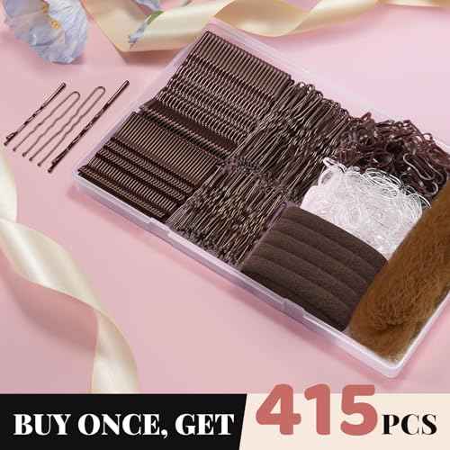 415pcs Bobby Pins Hair Pins Set, IKOCO 200pcs U Shaped Pins & Elastic Hair Ties for Women with Hair Net, Brown