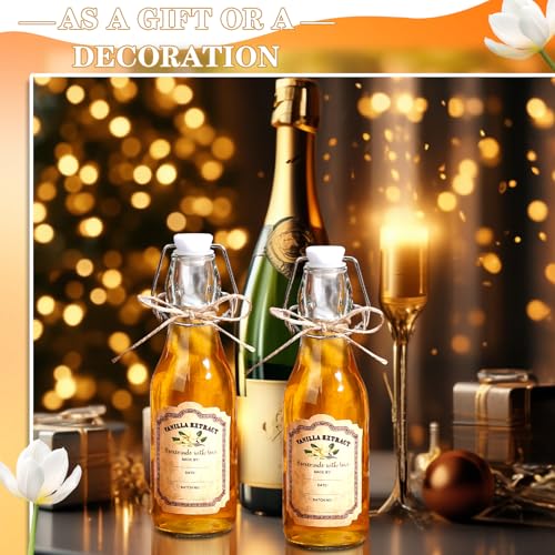 tchrules 12-Pack 8oz Clear Glass Vanilla Extract Bottles with Funnel,Twine & Labels Swing Top Glass Bottles Vanilla Essential Bottles Storage Containers for DIY Aromatherapy, Soap & Candle Making