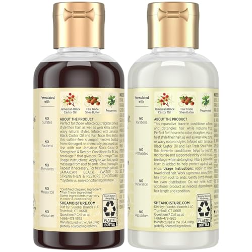 SheaMoisture Travel Essentials, Jamaican Black Castor Oil Strengthen & Restore Shampoo and Leave-in Conditioner Set, 3.2 Oz Each