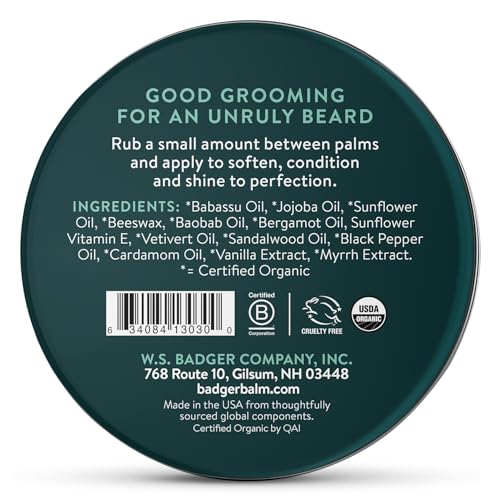 Badger Organic Beard Balm - Leave-In Conditioner, Styling & Moisturizing Treatment for Facial Hair & Mustache, 2 oz