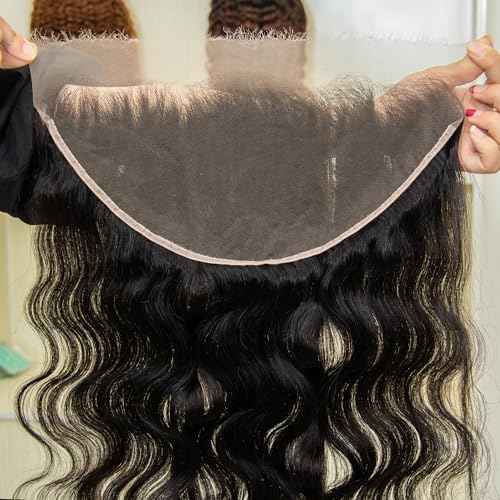 KRN 13X6 Real HD Lace Frontal Body Wave, 0.10 mm Ultra-Thin Invisible Lace HD Frontal 13x6 Human Hair 12A Brazilian Virgin Hair Single Knot Pre-Plucked with Baby Hair 16 Inch