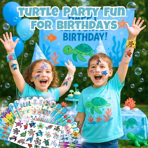 Turtle Party Favors Set - 48pc Tattoos & Slap Bracelets Bundle