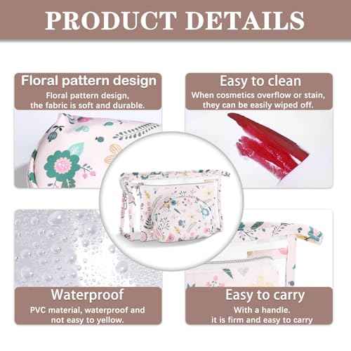 Richeart Makeup Bag, Clear Bag with Zipper, 3PC Floral Flowers Makeup Pouch, Waterproof Small Pouch, Portable Travel Toiletry Bag, C