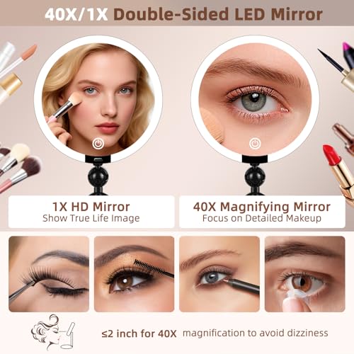 JJhxr 40X/1X Black Double-Sided LED Makeup Mirror with Lights, 6-Inch