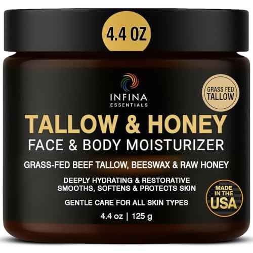 Beef Tallow for Skin with Honey - Grass Fed Beef Tallow for Face Wrinkles - Hydrating Cream Face and Body Moisturizer with Raw Honey and Olive Oil for Dry Skin, Hands, Feet - 4.4 oz