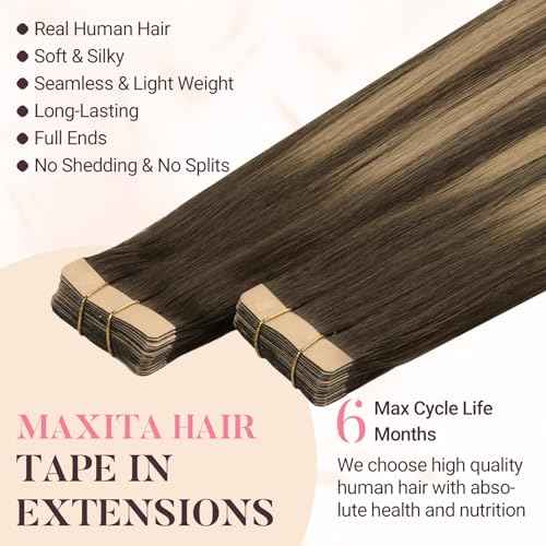 MAXITA Tape in Hair Extensions Human Hair, Balayage Chocolate Brown to Caramel Blonde, 22inch 50g 20pcs, Remy Silky Real Human Hair Extensions Thick Ends Straight Seamless Tape in Hair Extensions