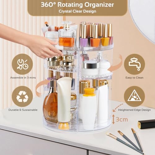 Boxalls Makeup Organizer Rotating Large Capacity, 360 Makeup Carousel with Brush Compartment, Clear Skincare Cosmetic Spinning Organizer with 7 Layers for Countertop Vanity Bathroom Bedroom