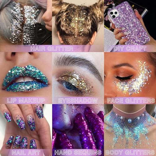 BADCOLOR Gold Blue Red Face Body Glitter Set, Holographic Shimmer Chunky Glitters for Hair Nails Eye Lips, Music Festival Concert Rave Accessories Party, Sparkling Mermaid Sequins Gel Makeup Kit