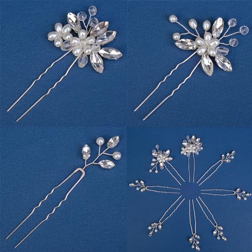 Yandino 8 Pieces Wedding Hair Pins for Bridal Silver Rhinestone Hair Pins Wedding Hair Accessories for Brides Bridesmaids Women Girls