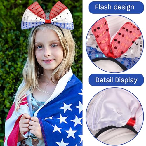 TIMMOKO 4th of July Headband for Women Girls Red White And Blue Bows With Sequin Patriotic Hairband American Flag USA Independence Day Head Band Hair Accessories Gifts 1Pcs