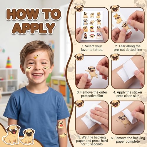 96 Pug Dog Temporary Tattoos for Kids | Party Favors