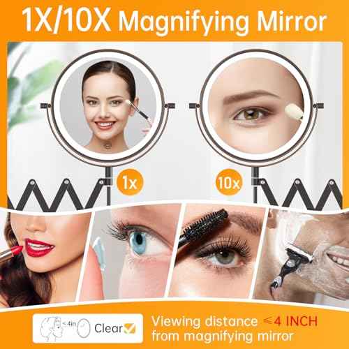 Rechargeable Wall Mounted Lighted Makeup Mirror, 1X/10X Magnifying Mirror with 3 Light Settings, 8 Inch 360¡Æ Swivel Extendable Bathroom Mirror, Double Sided Telescoping Vanity Mirror - Antique Bronze